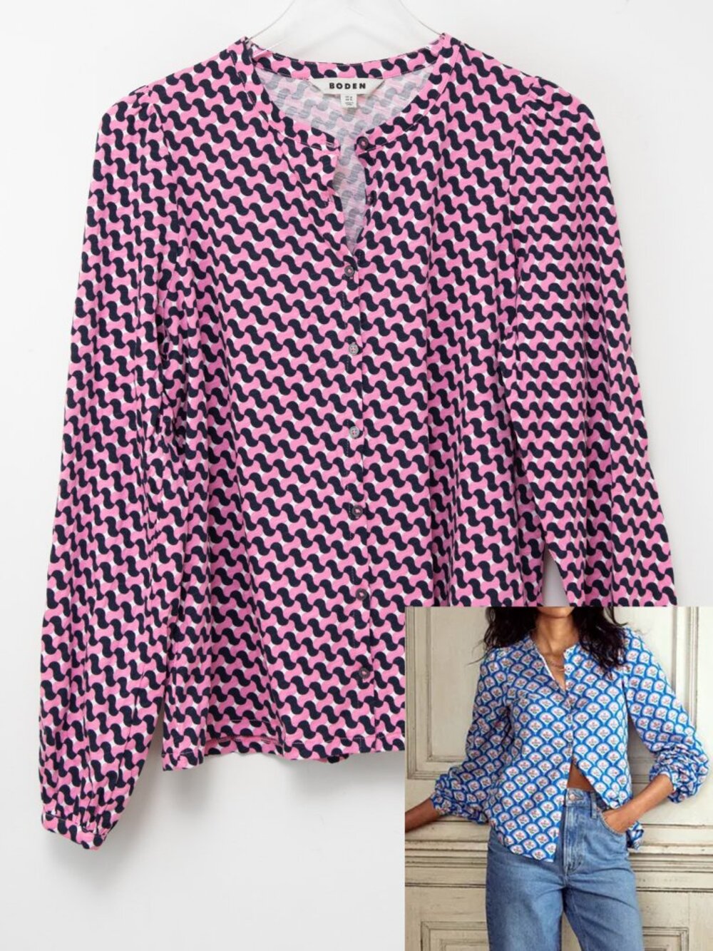 Boden Marina Shirt Button Down 100% Cotton Jersey Retro Pattern Pink Size Medium